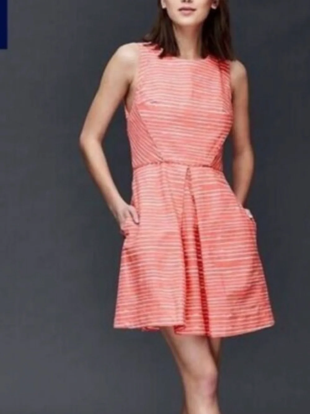 GAP Linen Blend Dress Size 6 Coral Pink Painted Stripes Fit & Flare Pockets Zip